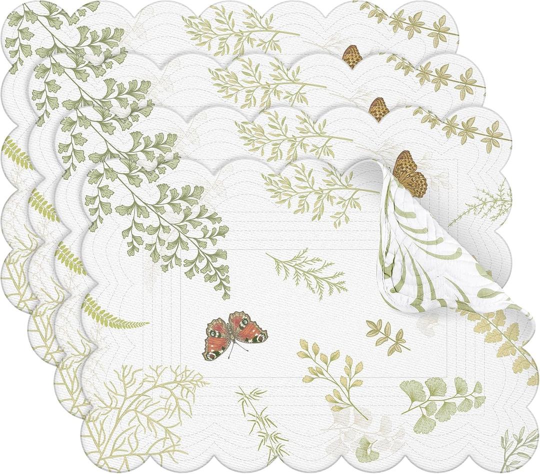 4 Pcs Butterfly Fern Cotton Quilted Placemats 13 x 19 Inch Rectangular Fabric Placemat Green and White Washable Dining Table Place Mats Rustic Kitchen Decor for Spring Holiday Decoration