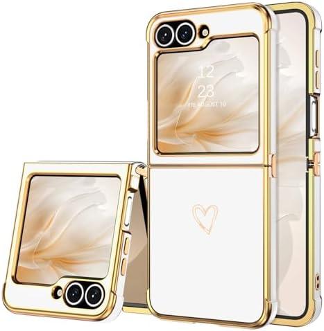 BENTOBEN for Samsung Galaxy Z Flip 6 5G Case, Cute Heart Luxury Gold Plating Slim Flexible TPU Bumper Protective Galaxy Z Flip6 Cover, Women Girls Phone Case for Samsung Z Flip 6 6.7'',White
