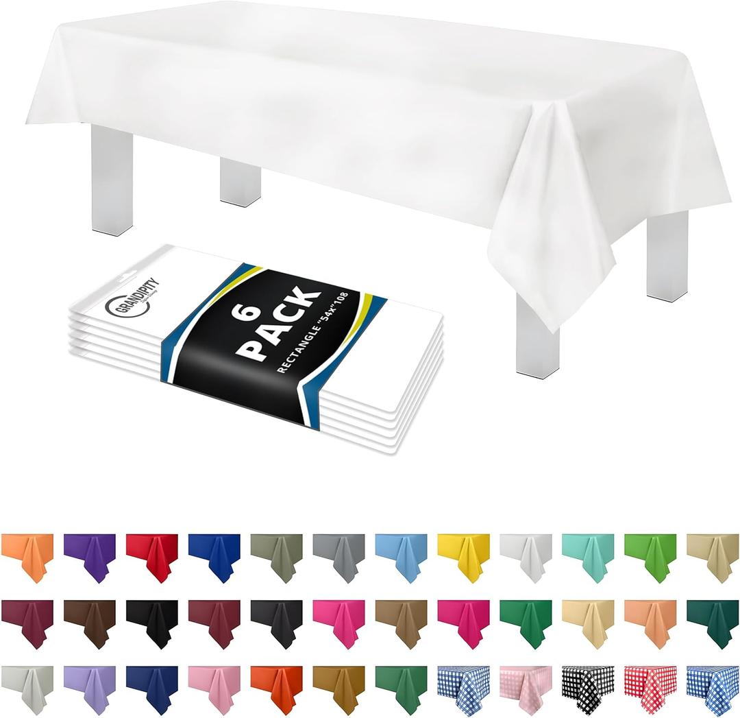 White Plastic Table Cloth Disposable (6 Pk) 54in x 108in Plastic Tablecloths for Rectangle Tables - Premium Party Table Cloths Disposable for 6ft to 8ft Rectangle Tables