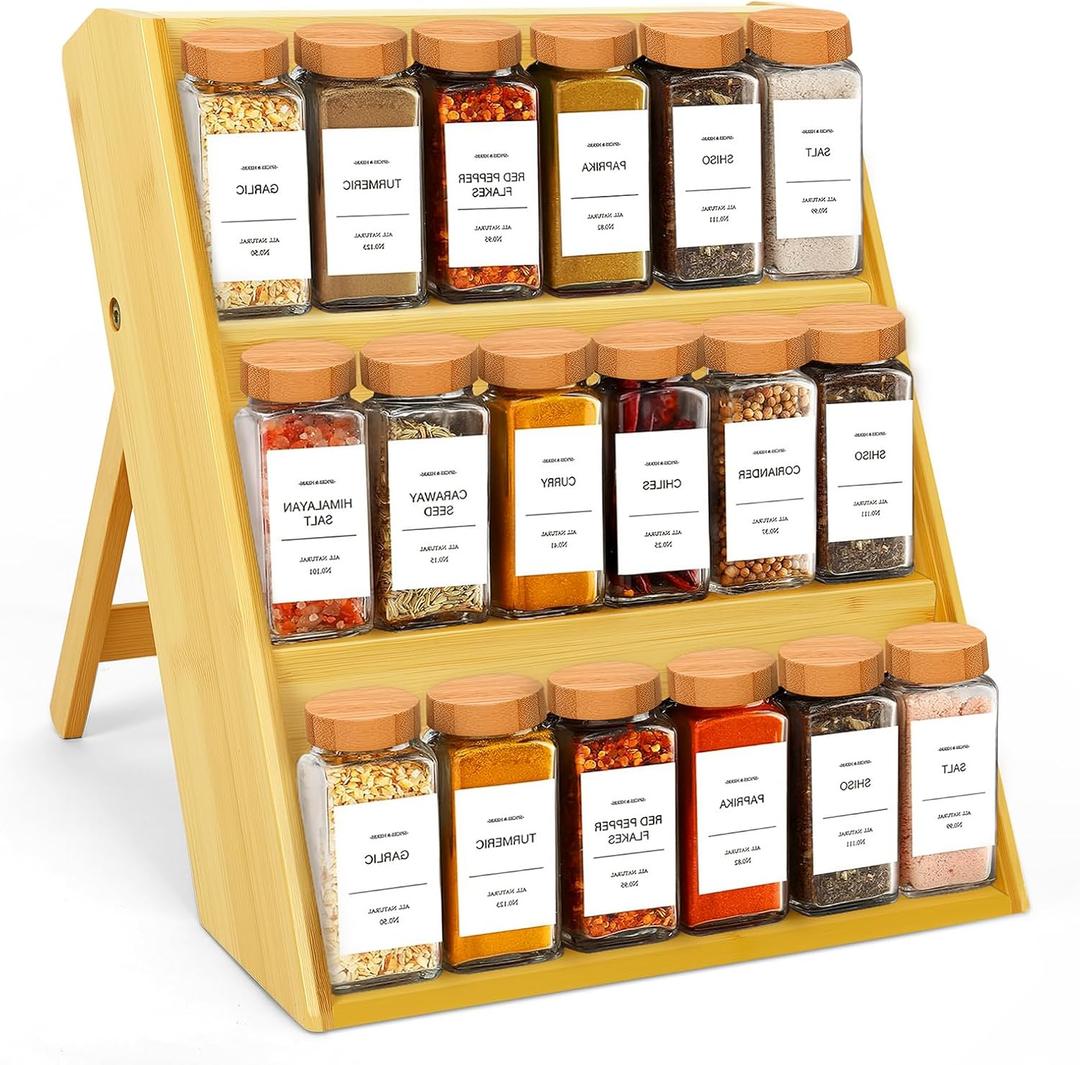 Bambition Bamboo Spice Rack Organizer, 3 Tier Folding Spice Shelf for Cabinet, Drawer or Countertop