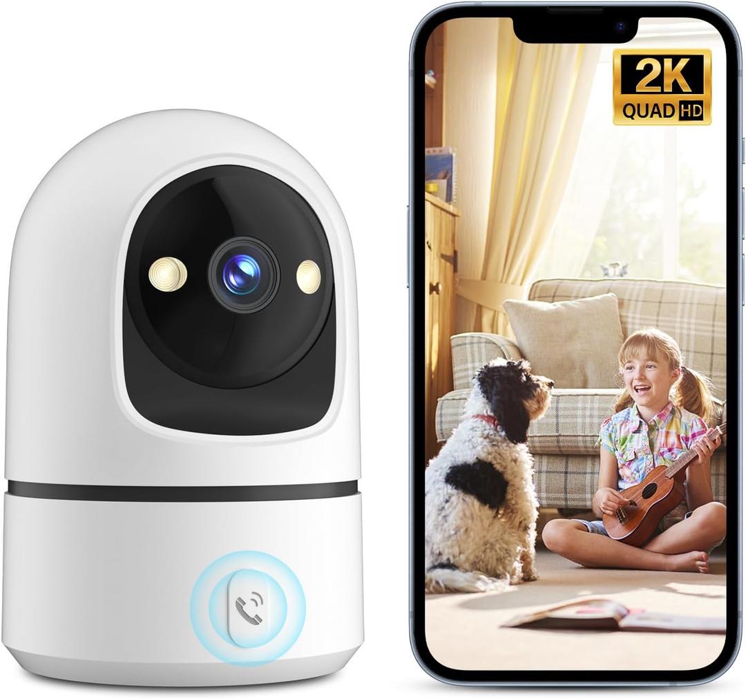 2K Indoor Security Camera, 360 WiFi Cameras for Home Security, Baby/Pet Camera with Phone App, One-Touch Call, Auto Tracking, IR Night Vision, Motion Detection, TF/Cloud Storage, 2.4Ghz WiFi