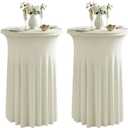 Qubjus 2 Pack Round Cocktail Tablecloths with Skirt Stretch Spandex Table Cover 24"x43" Cocktail Round Tablecloth for Party Wedding Birthday Banquet, Beige