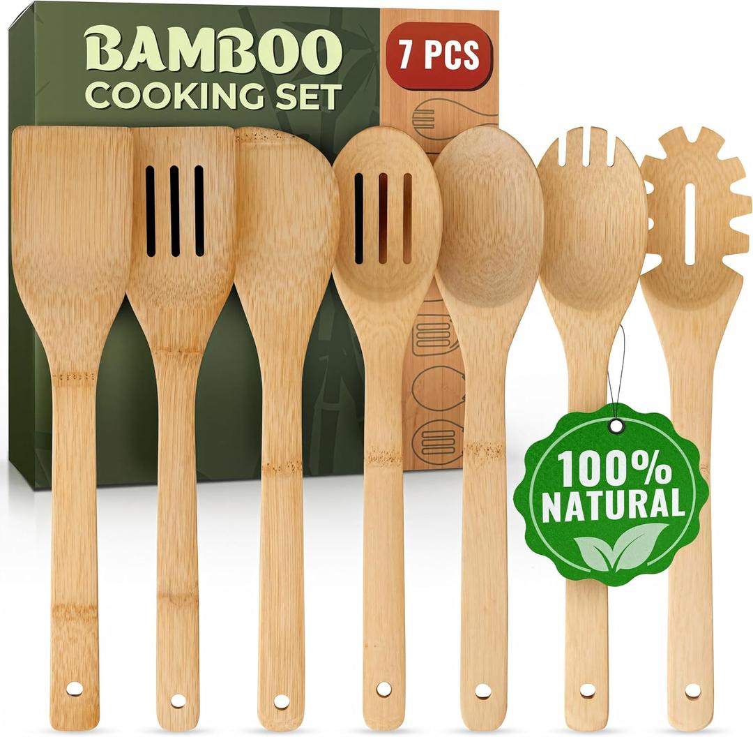 Wooden Utensil Set, Bamboo Utensils  7 PCs Wood Spoons for Cooking, Easy to Clean, Sturdy, Lightweight & Heat Resistant