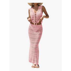 Fisoew Womens Summer Crochet Swim Cover Up 2 Piece Sleeveless Front Tie Crop Tops Beach Maxi Skirt Boho Coverup Set M, Pink