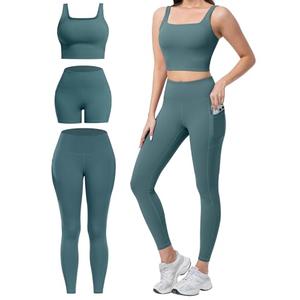 SALSPOR 3 Piece Workout Sets for Women High Waisted Leggings with Pockets Tummy Control Biker Shorts Yoga Sports Bra(3YFTZ-Bean Green-M)