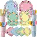 450 Pcs Floral Tea Party Tableware Set Decorations Scalloped Flower Paper Plates Napkins Cups Cutlery Straws for Pastel Garden Baby Bridal Shower Wedding Birthday Party Supplies, Serves 50