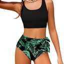 Girls Tankini Swimsuits Tropical Print Bathing Suit Two Piece Girls' Swimwear with Tie Side Knot 9-16T (13-14 Years, Black)