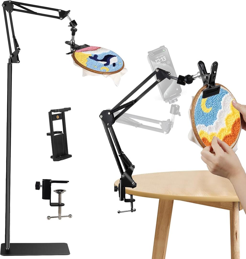 Black Adjustable Embroidery Hoops Stand for Hand Work,3-in-1 Hoop/Tablet/Phone Holder Floor Stand,Embroidery Desktop StandLap Cross Stitch Frame with 360 Rotation,Hand Embroidery Stand