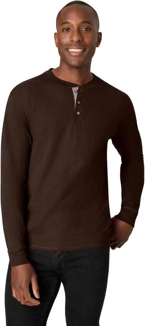 Hanes Mens T-Shirts, Men's Beefyt Henley Shirts, Men's Cotton Long Sleeve Shirts (Brown, XL)