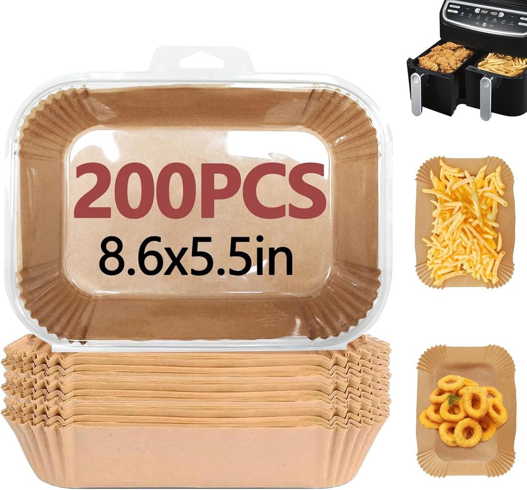 200PCS Air Fryer Liners for Ninja, 8.6 x 5.5 inch Disposable Air Fryer Paper Dual Basket, Non-Stick Unbleached Parchment Paper Baking Accessories Liners for Natural Ninja DZ201 DZ401