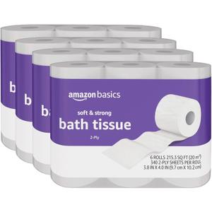 Amazon Basics Soft and Strong 2-Ply Toilet Paper, 24 Ultra Rolls = 96 Regular Rolls, Unscented, 340 Sheet (4 Packs of 6)