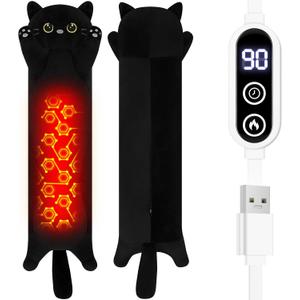 Cat Heating Pad-USB Heated Plush Stuffed Animals for Period Cramps and Menstrual Pain Relief,22 Portable Electric Kitten Heating Pads,Built-Pocket Plushies Women Girls Birthday Gift,Black