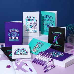 18 Pcs Suicide Prevention Awareness Items Includes 9 Health Awareness Journal Notebooks and 9 Purple Ribbon Pen, Stationery Gifts for Charity Campaign Supplies World Suicide Prevention Day