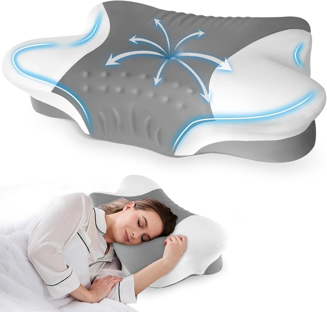 Cervical Neck Pillow for Side Sleepers  Cooling Contour Memory Foam Pillows Ergonomic Neck Support Adjustable Bed Pillows for Neck Comfort - Ideal Christmas Birthday Gift for Women Men (Grey)
