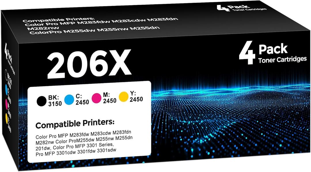 W.L.M 206X High Yield Toner Cartridge 4Pack Compatible with HP 206X 206A Toner Set for HP Color LaserJet Pro M255dw M255nw MFP M283fdw M283cdw M282nw M283fdn InkBlack/Cyan/Yellow/Magenta
