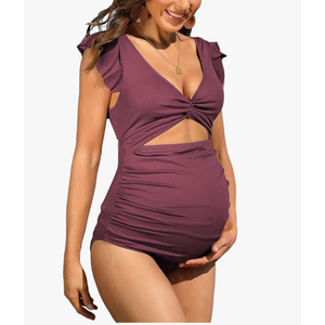 Charmo Womens Maternity One Piece Swimsuit Cute Ruffle Tie Knot Pregnancy Bathing Suit High Waisted Ruched Maternity Swimwear Red, M