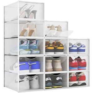 BINO 12-Pack Plastic Stackable Shoe Box Set - Clear | Foldable Shoe Storage Container | Sneaker Bins | Shoe Rack Box | Transparent | Portable Stacking Shoe Boxes Front Open