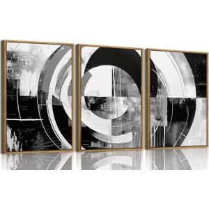 myusuar 3 Piece Large Modern Abstract Canvas Framed Wall Art For Living Room, Black And White Rings Minimalist Wall Art Decor Posters Prints For Bedroom Office, 24x36in