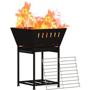 YBING Wood Burning Fire Pit for Outside - 24 Inch Outdoor Fire Pit with Grill, 2-in-1 Square Firepit with Ash Tray and Wood Storage for Camping, Backyard, Patio, Black