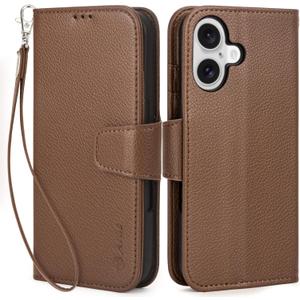 Arae Compatible with iPhone 16 Plus Case Wallet with Card Holder, Wristlet Strap Wallet Flip Cover for iPhone 16 Plus 6.7 inch Men/Women, RFID Blocking, Kickstand, Litchi Coffee