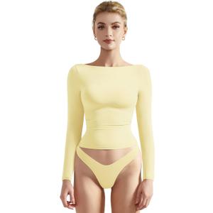 SUUKSESS Women Crew Neck Long Sleeve T Shirts Double Lined Tight Fitted Crop Top, Size S