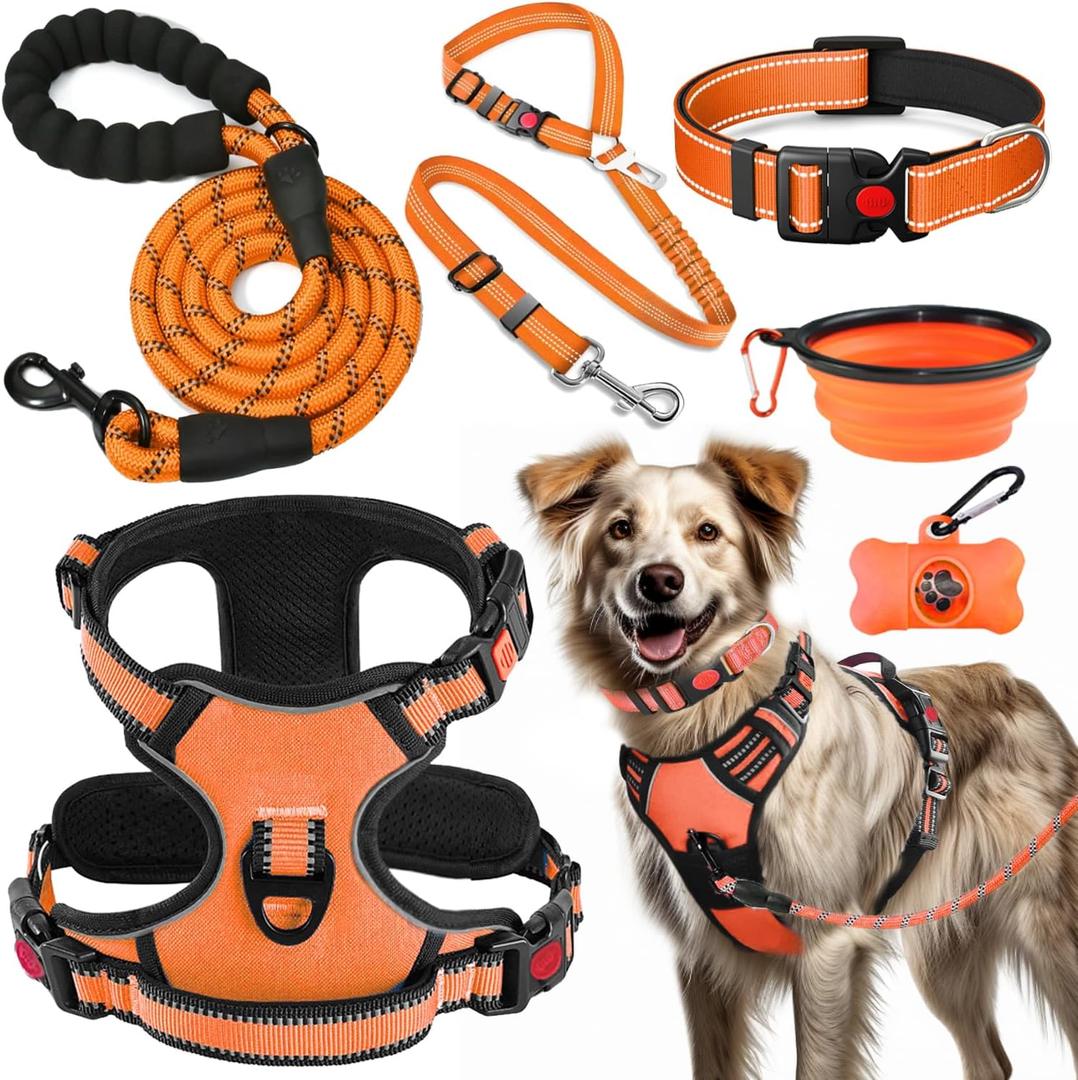 No Pull Dog Harness, Collar & Leash Set | Includes Dog Seat Belt, Collapsible Bowls & Poop Bag Dispenser. Ideal for Training, Walking, Hiking.(Orange-L)