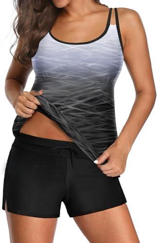 Tempt Me Two Piece Tankini Swimsuits for Women Tummy Control Bathing Suit with Shorts Athletic Two Side Pockets Swimwear, Size: L