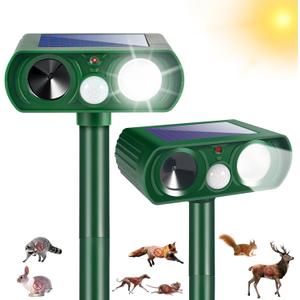 2Pack Upgraded Deer Repellent Devices Solar Ultrasonic Animal Repellent Outdoor with Motion Sensor Strobe Light to Scare Squirrel Raccoon Rabbit Stray Cat Away Yard Farm