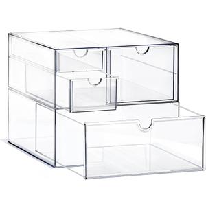 Prsildan Acrylic Drawer Makeup Organizer with 4 Drawers, Set of 2 Office Desk Organizers Accessories, Clear Stackable Storage Drawers for Vanity, Countertop, Craft, Jewelry, Art Supply Organization