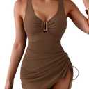 B2prity Women's Mesh One Piece Swimdress Swimsuit Tummy Control V Neck U Ring Bathing Suit Drawstring Sarong Swimwear, Size XL