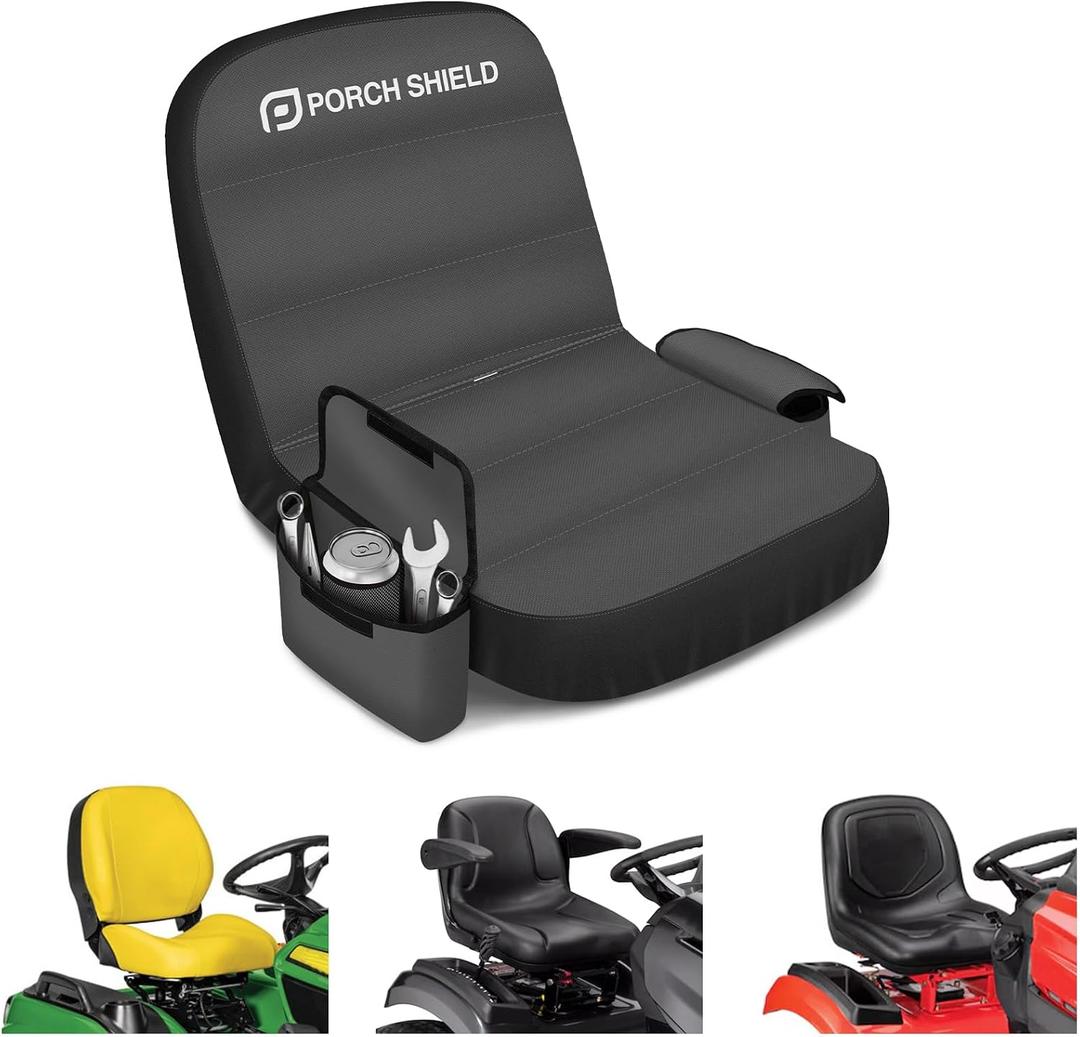 Porch Shield Tractor Seat Cover Waterproof Riding Lawn Mower Seat Cover with Pocket Buffer Base Up to 15 Black & Gray, Medium