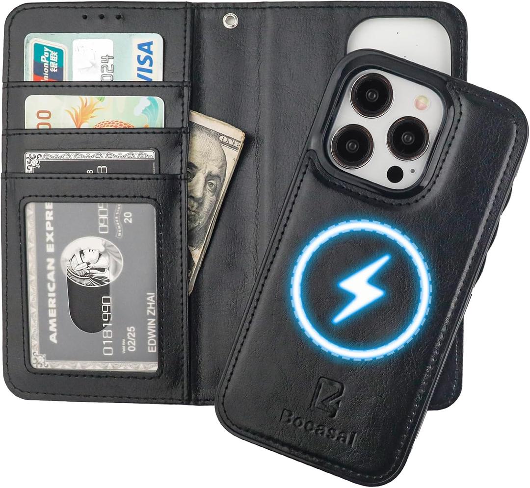 Bocasal for iPhone 15 Pro Wallet Case Compatible with MagSafe Wireless Charging, RFID Blocking Magnetic Leather Case with Card Slots Holder Kickstand Detachable Wrist Strap 6.1 Inch (Black)