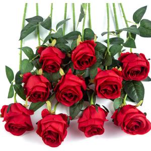 Flojery 10pcs Artificial Rose Flowers Long Stem Fake Silk Roses for DIY Wedding Bouquet Table Centerpiece Home Decor,Red