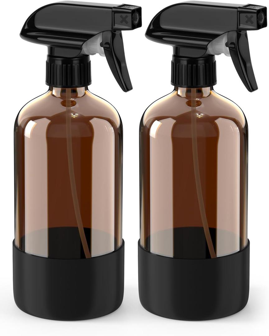 Bontip Glass Spray Bottle with Silicone Sleeve Protection, Amber Glass Spray Bottle Set for Window Cleaner Aromatherapy Facial Hydration Watering Flowers Hair Care 2 Pack/16 oz (Black)