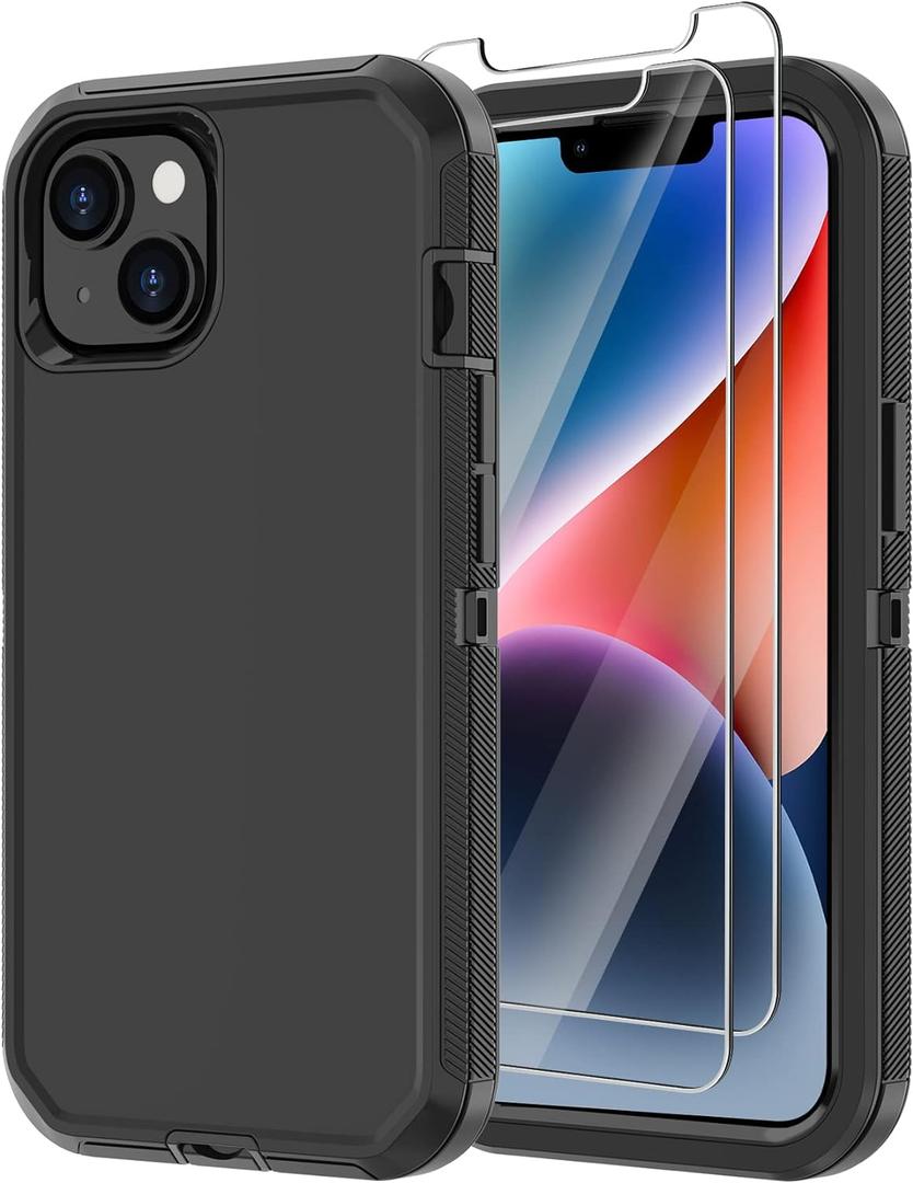 Annymall for iPhone 14 Case with 2 Screen Protector, Heavy Duty Shockproof Dropproof Dust Proof Full Body Rugged 3-Layer Military Tough Durable Protective Cover for Apple iPhone 14 6.1" (Black)