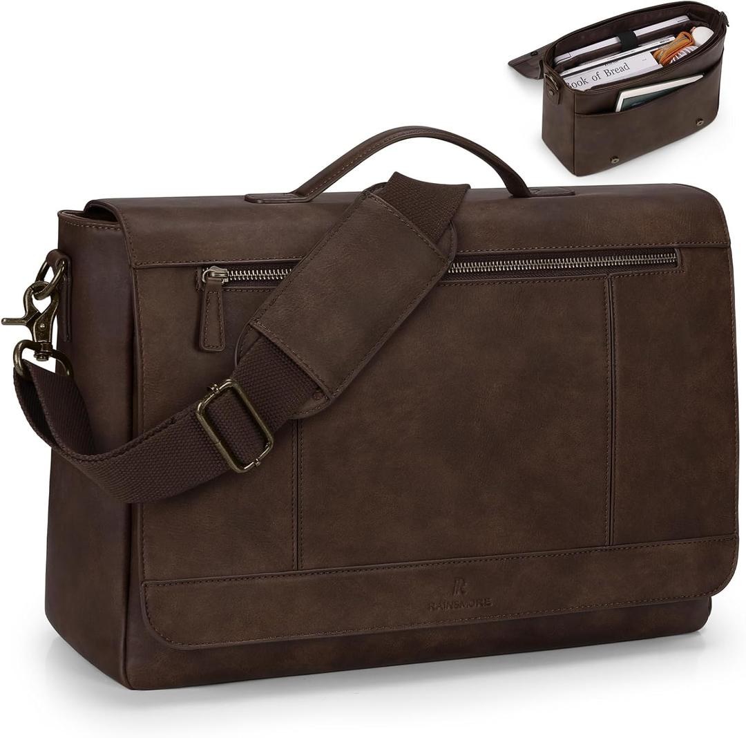 RAINSMORE Leather Messenger Bag for Men 15.6 Inch Laptop Bag Vintage Briefcase Large Computer Bag Satchel Shoulder Bag For College, Work, Business, Office, Dark Brown