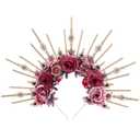 Renfaire Flower Halo Crown - Handmade Fantasy Purple and Pink Rose Headpiece with Crystal Gold Spiked Greek Goddess Headband for Women Fairy Elf Cosplay Renaissance Halloween Wedding (Pink)