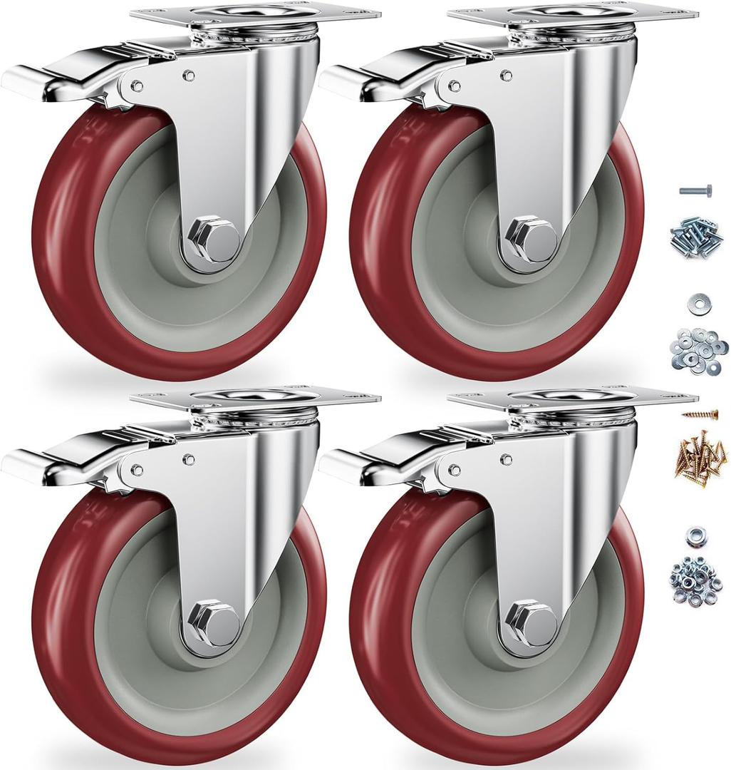 5 Inch Heavy Duty Casters with Brake - Set of 4, 1400lbs Capacity, Double Ball Bearing Non-Marking Caster Wheels, Plate Mount for Furniture, Cart, Workbench, Tool Cabinet, Garage Storage (4 Pack)