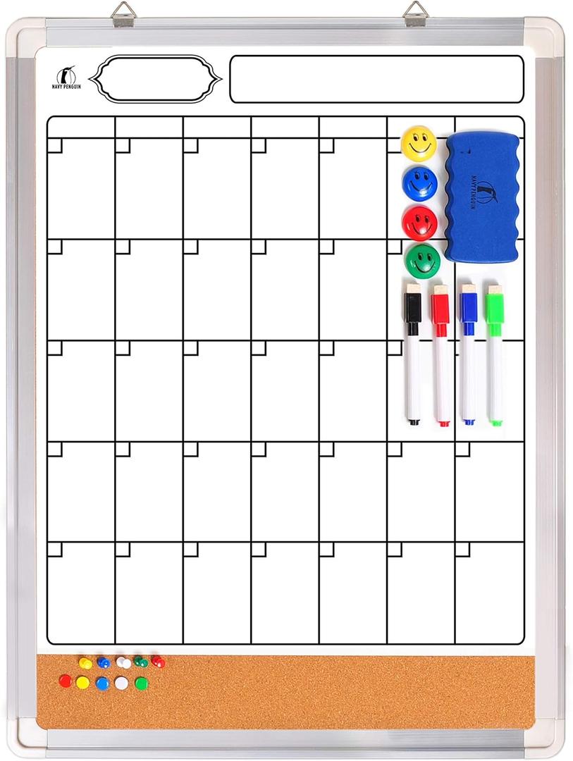 Whiteboard Calendar Dry Erase for Wall - 18 x 24 in White Board Planner Monthly Magnetic with 1 Eraser, 4 Dry Wipe Markers, 4 Magnets and 10 Thumb Tacks - Wall Hanging Marker Board Month Calendar