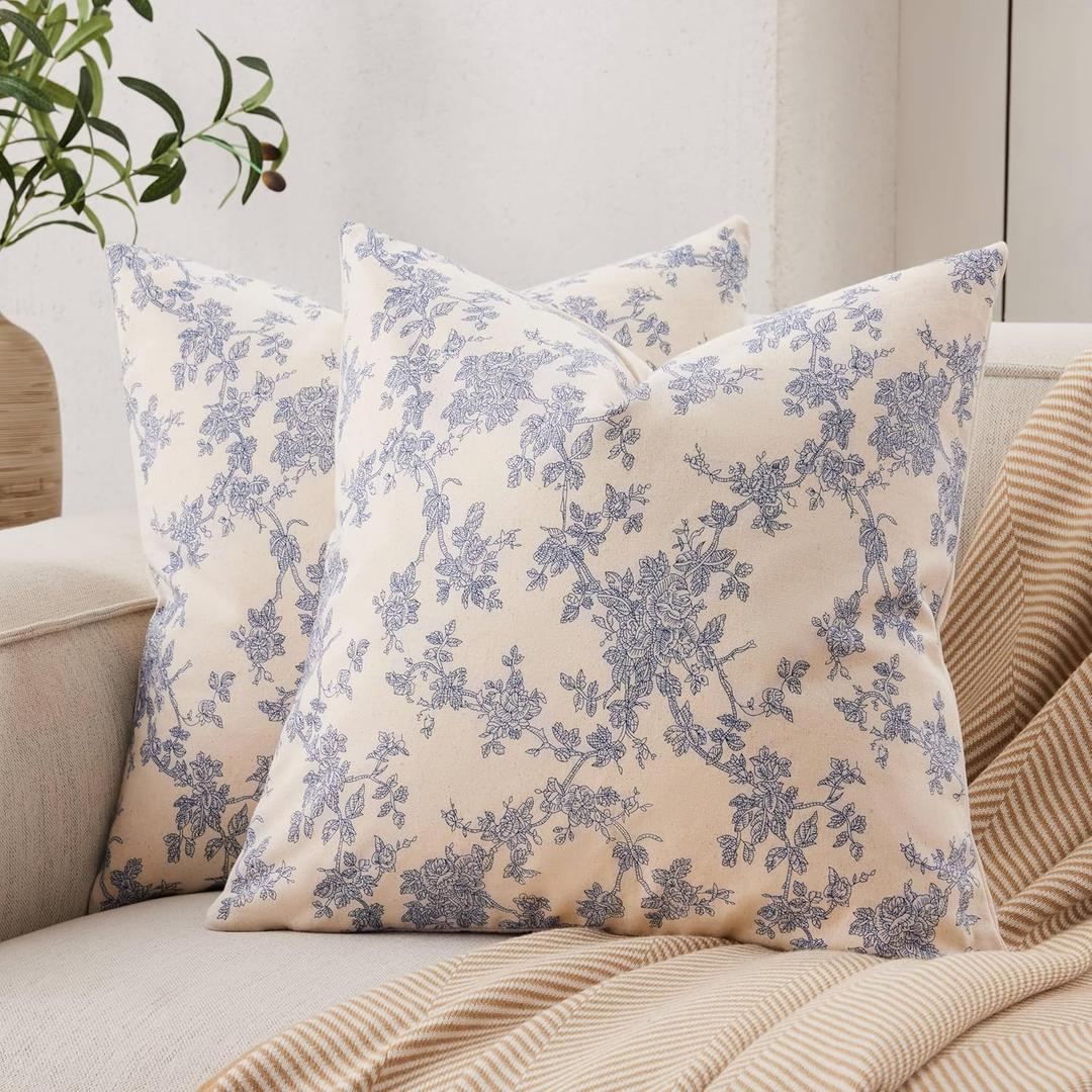 100% Cotton French Pastoral Throw Pillow Covers Set of 2, 18x18 Inch Blue Farmhouse Decorative Cushion Covers for Sofa Bed Living Room Home Decor