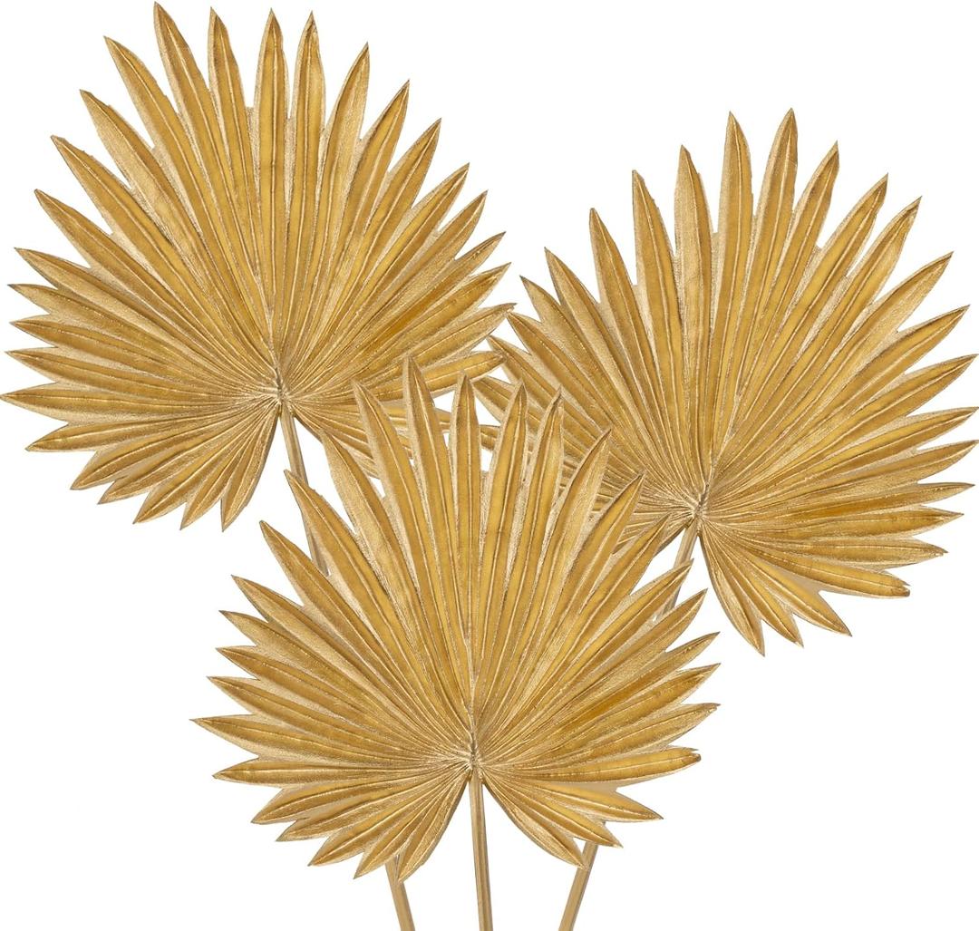 Large Pu Foam Gold Artificial Palm Leaves Faux Palm Tropical Leaves Fake Palm Fronds for DIY Wedding Bouquets Fake Leaves for Centerpieces Arrangements Bridal Shower Palm Leaf for Home Decor-3 Pcs