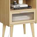 Nightstand with Charging Station, Bedside Tables with Glass Decorative Door, Natural End Table, Side Table with 2 Tiers Storage Space for Bedroom Living Room CAMLBZ07YE
