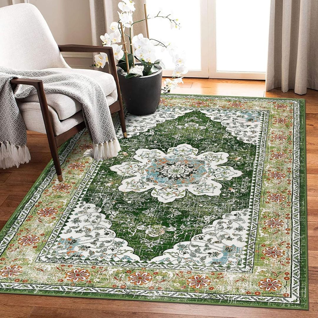 Ileading Bohemian Vintage Area Rug 3x5ft, Machine Washable Low-Pile Accent Carpet, Non-Shedding Non-Slip Entryway Floor Throw Rugs for Living Room, Bedroom, Dining Room, Kids Playroom(Green)