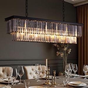 39-inch Rectangle Crystal Chandeliers for Dining Room,Hanging Ceiling Light for Kitchen Island,Smoky Gray K9 Crystal Pendant Lighting,59-inch Adjustable Wire,Matte Black Finish