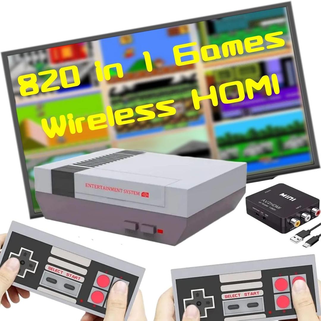 Retro Game Console, Wireless Retro Gaming Console with Built-in 800 Games, AV and HDMI Output, Dual 2.4GHz Wireless Controllers, Plug and Play Video Game System.