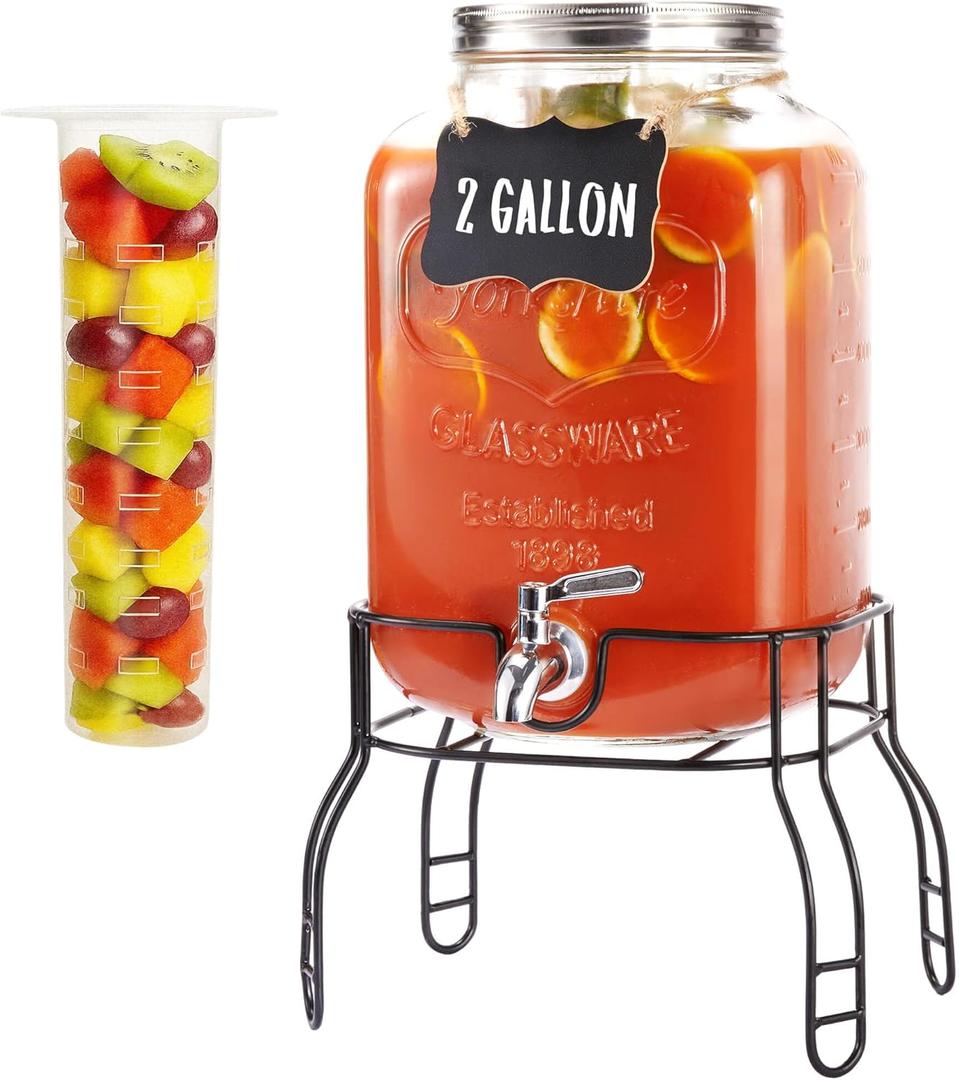 2 Gallon Large Glass Drink Dispenser Set, Beverage Dispensers with Stand & 18/8 Stainless Steel Spigot, Leakproof for Lemonade, Sun Tea & Iced Tea