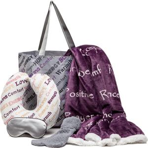 Chanasya 5-Piece Warm Hugs Positive Energy Healing Thoughts Comfort Caring Message Print Combo Gift Pack Throw Blanket, Neck Pillow, Eye Mask, Tote Bag, Socks - for Women Men Cancer Hospital Aubergine Chanasya 5-Piece Warm Hugs Positive Energy Healing Thoughts Comfort Caring Message Print Combo Gift Pack Throw Blanket, Neck Pillow, Eye Mask, Tote Bag, Socks - for Women Men Cancer Hospital Aubergine