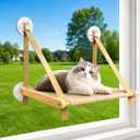 Cat Window Perch for Indoor Cats, Solid Wood Window Mounted Cat Bed with Washable Soft Seat, 4 Strong Suction Cups, Stable Hanging Hammock Lounge for Large Cats
