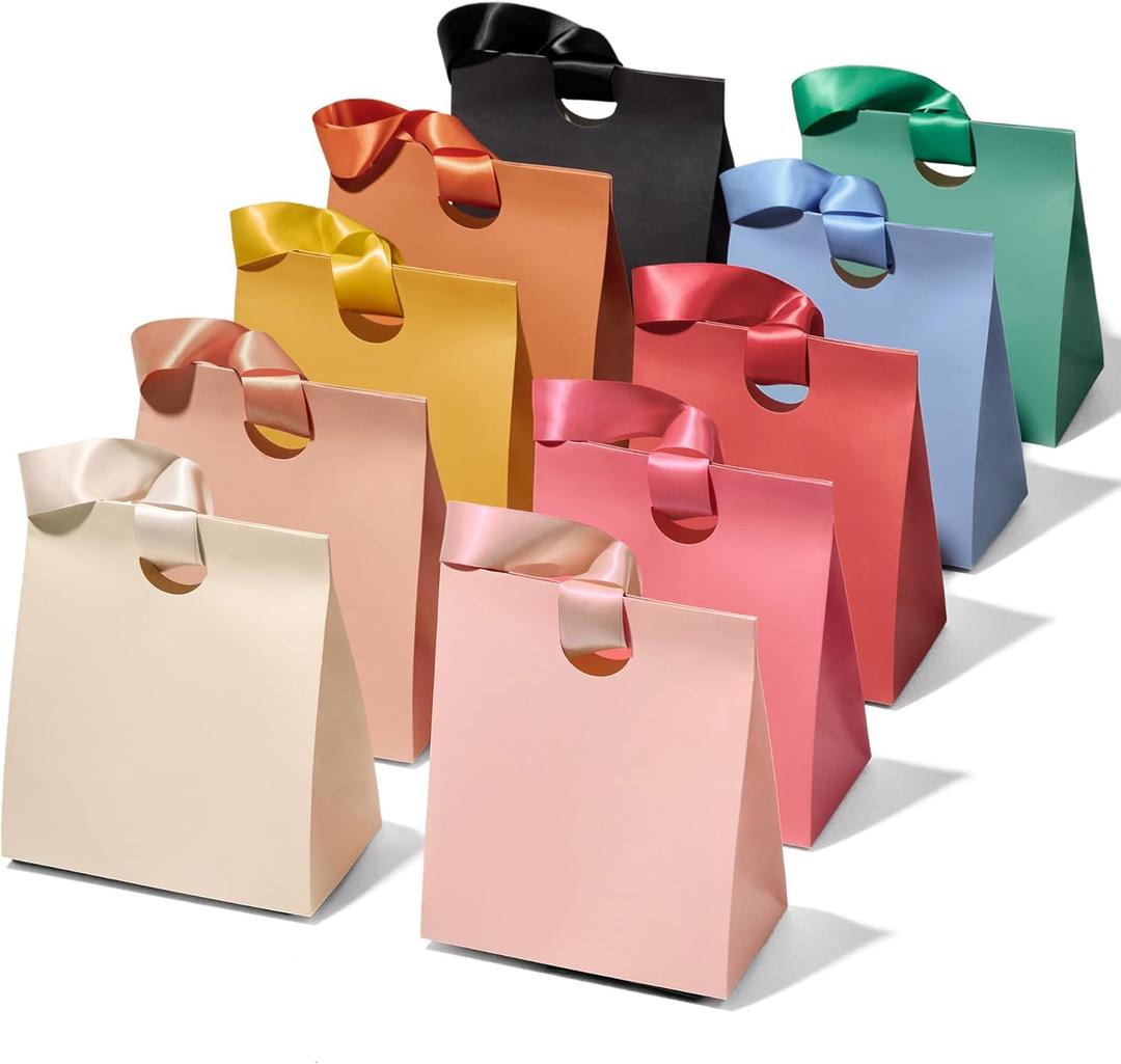 Vitalizart Paper Gift Bags With Ribbon Handles Set of 10 Assorted Colors Bulk Reusable For Gift Wrap Girls Kids Birthday Bridal Shower Party Favors Goodie Bags Candy Christmas 5.91"x3.54"x7.28" Small Size