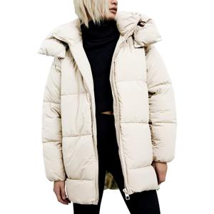 Gihuo Womens Quilted Puffer Coat Hoodie Winter Oversized Mid-Length Padded Down Jacket Warm Heavyweight Bubble Outerwear (Small, Beige)